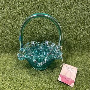 Vintage Fenton Teal Carnival Glass Open Edge Basketweave Basket w Original Tag